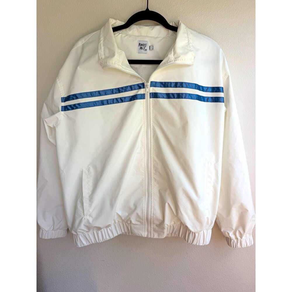 Princess Polly Women’s 4 White/Blue Stripe Windbreaker Jacket Full Zip Pockets
